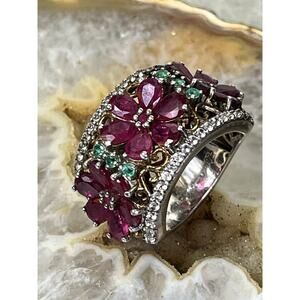 925 Sterling Silver Gemstone Cluster Ring Garnet Emerald Gold Diamond Accent 9.5